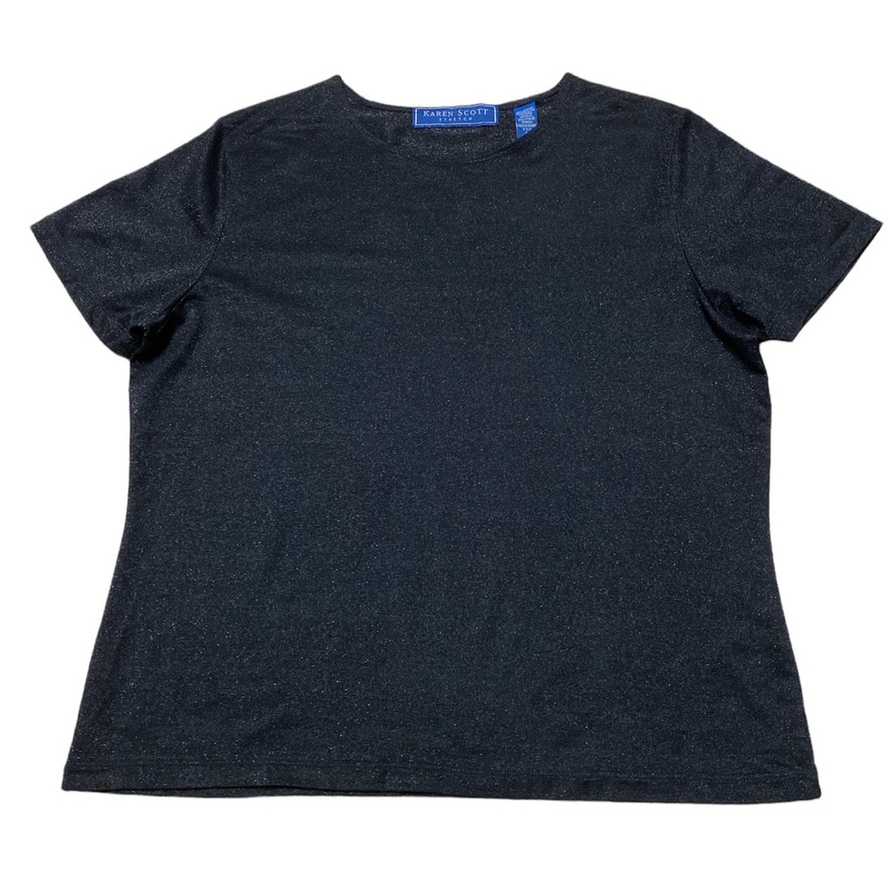 Karen Scott Stretch Black Glimmer Short Sleeve Shirt Size L